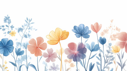 Fototapeta premium Pastel wildflowers meadow border, summer floral design, white background, nature illustration, website banner