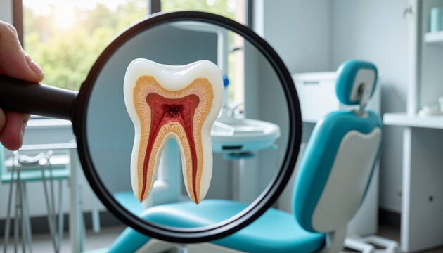 Magnified view of a tooth cross-section in dentist office, dental insight