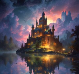 Fototapeta premium Illustration of glowing mystery tower castle in night.
