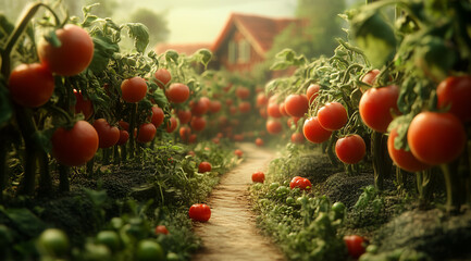 Beds of tomato bushes and a path against the background of a house, created with Generative AI technology