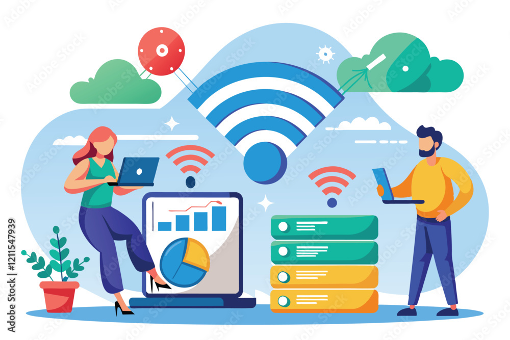 Poster two professionals install data through wi-fi while managing network systems and visual data represen