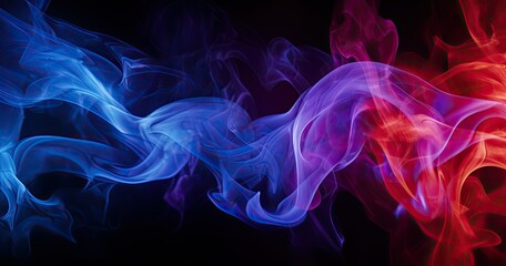 Fototapeta premium Abstract swirling smoke in blue and red tones against a dark background.