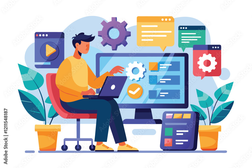 Poster the individual focuses on setting up applications on a laptop within a cozy, tech-friendly office en