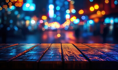 Wooden tables in the bar, dim indoor lighting