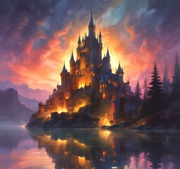 Naklejka premium Illustration of glowing mystery tower castle in night.