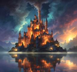 Illustration of glowing mystery tower castle in night.