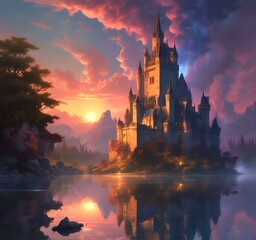 Fototapeta premium Illustration of glowing mystery tower castle in night.