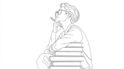 Creative contemplation a young thinker reflects among books study space line art artistic view