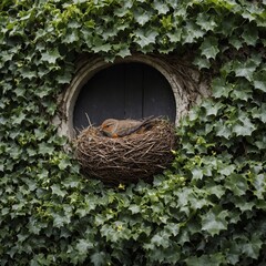 A swift in a nest attached to a wall covered in ivy and tiny flowers.