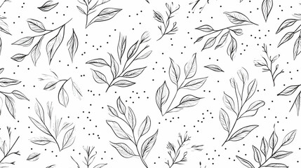 Fototapeta premium Seamless pattern of delicate sketched leaves and dots on white background, ideal for textile design or wrapping paper