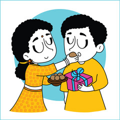 Sister feeding sweets to her brother on Bhaiya Dooj, a celebration of sibling love.
