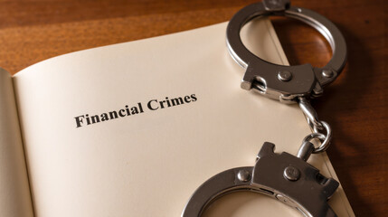 Handcuffs on open book, financial crimes and legal action, highlighting law enforcement against fraud, corruption, and economic offenses