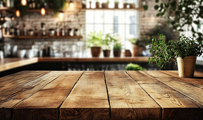 Wooden tables in the bar, dim indoor lighting