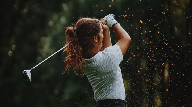 Golf swing action by female golfer in lush green environment captured moment outdoor sports
