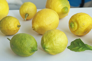 Wild yellow-green unripe lemons on white background. Environmentally friendly product. Eco-friendly pure natural product. 