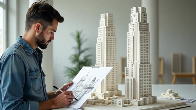 A young architect uses drawing tools to sketch angular designs, with a model of a modern skyscraper.