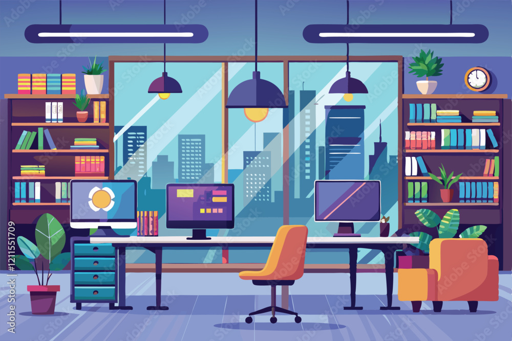 Poster a bright office for programmers with multiple workstations and large windows offering city skyline v