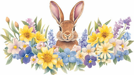 Obraz premium Spring bunny surrounded by yellow and purple flowers; Easter card design