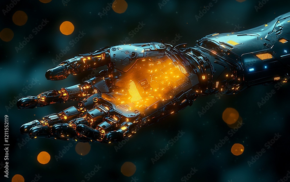 Poster glowing robotic hand with intricate details.