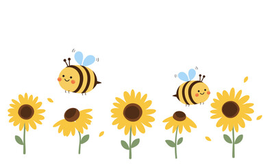 Set of sunflower icon signs and bee cartoons isolated on white background vector.