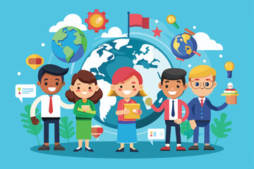 Cartoon characters from different backgrounds work together on global initiatives in a colorful, engaging setting, International cooperation Customizable Cartoon Illustration