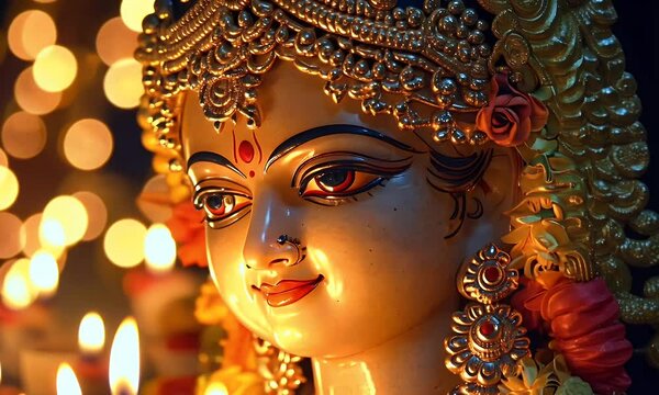 Goddess Durga idol, illuminated, festival, India, glowing background