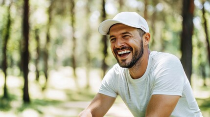 Obraz premium Joyful man laughing in forest nature portrait outdoor warm atmosphere close-up happiness