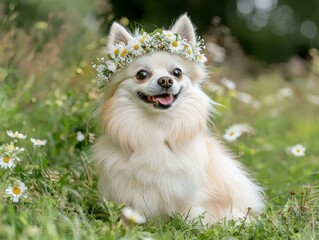 Happy dog wearing a flower crown. AI.