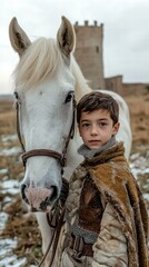 Fototapeta premium Young boy in a vest with a white horse. AI.