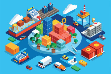Depicts a bustling urban area showcasing various trade activities with container ships, trucks, and warehouses, International trade Customizable Isometric Illustration