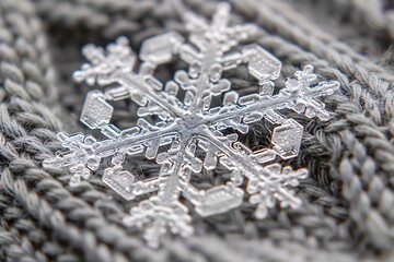 Delicate Snowflake Rests on Gray Knitted Fabric