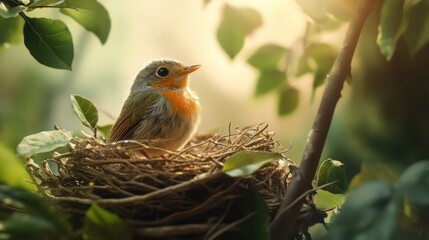 Baby bird in nest, sunlight, tree branches, spring, nature, wildlife photography