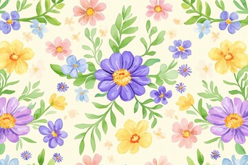 Vibrant Floral Watercolor Pattern with Purple and Yellow Flowers