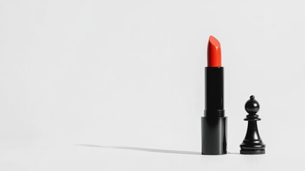 A vibrant red lipstick stands beside a black chess pawn, symbolizing a blend of beauty and strategy in a minimalist setting.