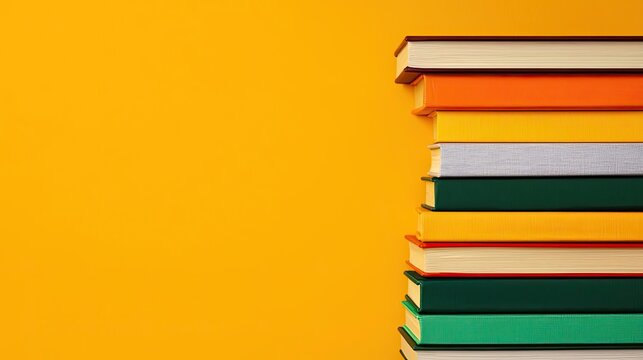 Online courses concept. Colorful stacked books on a bright yellow background, ideal for educational themes.