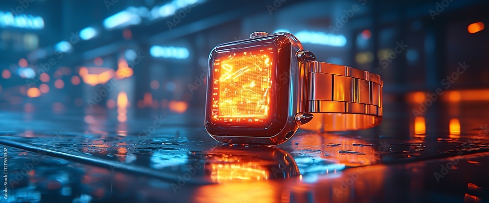 Poster futuristic smartwatch with glowing display on wet surface at night.