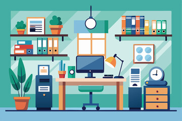 A vibrant office workspace featuring a desk, computer, plants, and organized bookshelves In the office Customizable Flat Illustration