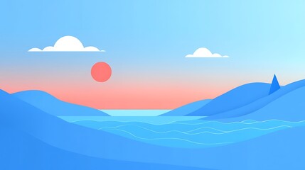 Serene Sunset Landscape with Blue Mountains and Ocean Waves