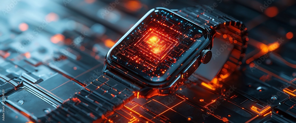 Poster Futuristic smartwatch with glowing circuit board display on tech background.