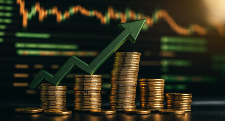 coins and graph, tacked Gold Coins with Green Upward Arrow and Stock Market Growth Concept