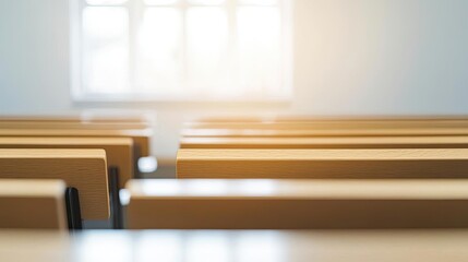 Virtual education idea. A serene classroom interior with wooden desks and bright sunlight streaming through windows.