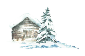 Fototapeta premium Winter cabin with snowy pine tree Landscape with rustic wooden house, winter chalet a snow covered roof. Watercolor hand drawn illustration isolated from background for holiday, Christmas card, poster