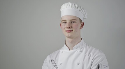 Young chef in white uniform confident portrait in professional culinary studio