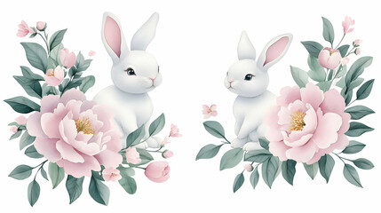 Obraz premium Two white rabbits among pink peonies and green leaves; spring greeting card design