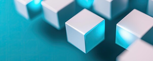 Online courses concept. Futuristic glowing cubes on a vibrant teal background, showcasing technology concepts.