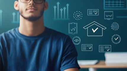 Virtual education idea. A young man with glasses in front of technology graphics representing data analysis.