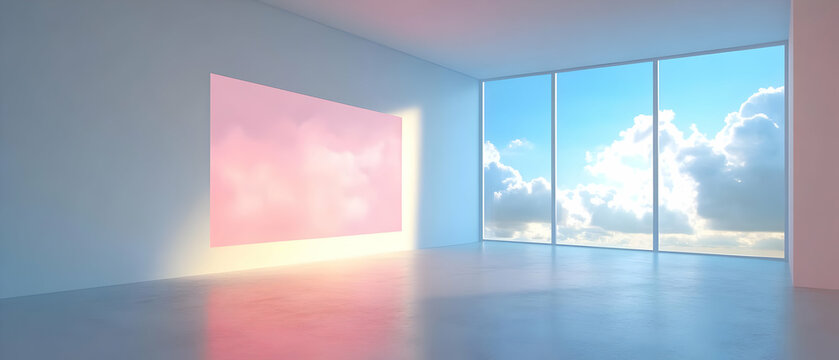 Pink sky projection, modern room, cloudscape view