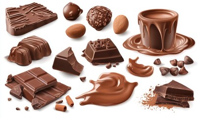 Assorted milk chocolate pieces, bars, candies, and cocoa powder.