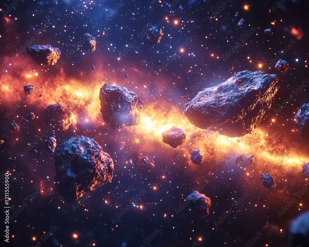 Poster fiery asteroid field in space.