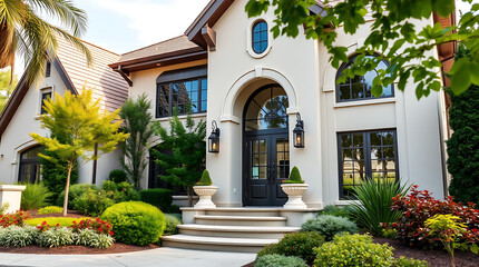 Fototapeta premium Luxury Home Exterior: Elegant Mansion with Landscaped Gardens